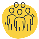 Three stick figures standing together on a yellow background.