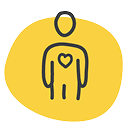 A stick figure with a heart symbol on its chest on a yellow background.