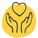 Two hands holding a heart on a yellow background.