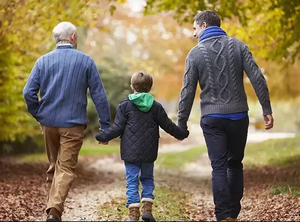  A grandfather, grandson and father all hold hands and walk in a park together.
