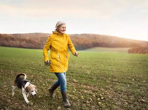  A retirement-aged woman walks her dog in a field on a sunny afternoon.
