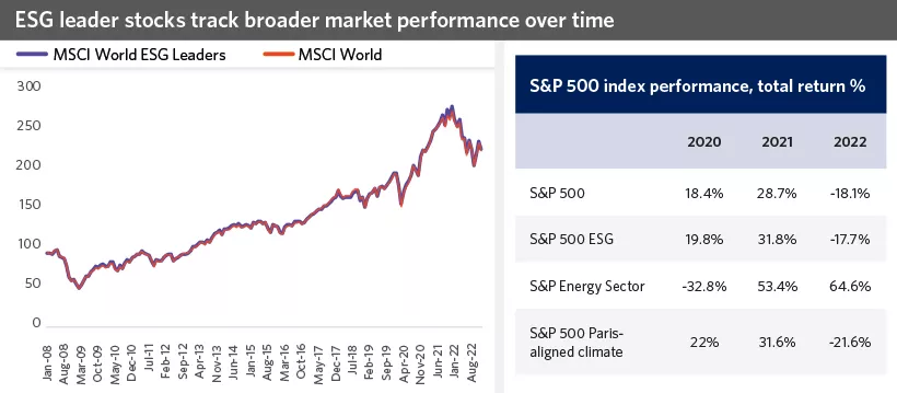  Since 2008, the MSCI World ESG Leaders Index has performed in line with the overall MSCI World Index.
