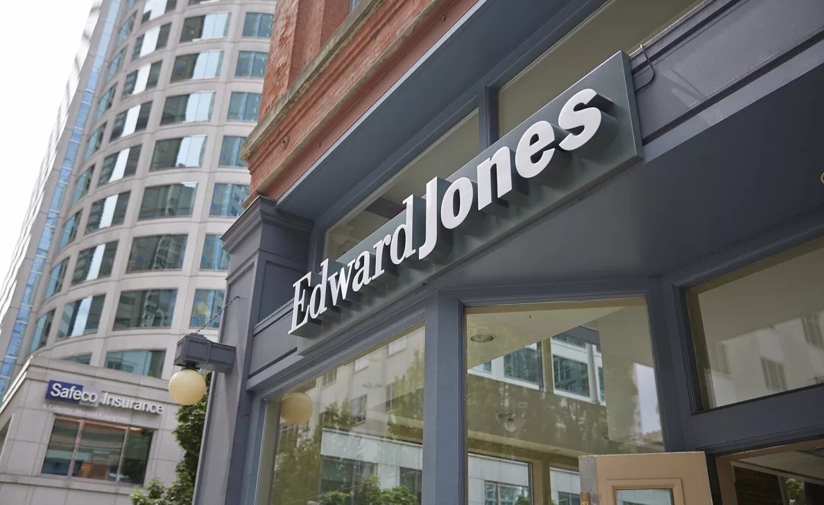  An exterior view of the entrance to the Edward Jones branch in Seattle, Washington.
