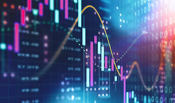 Colorful financial candlestick chart with trend lines and digital background.
