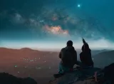 Two people sit on a rocky ledge overlooking a valley at night, one pointing toward the bright, star-filled sky where the Milky Way stretches across above.